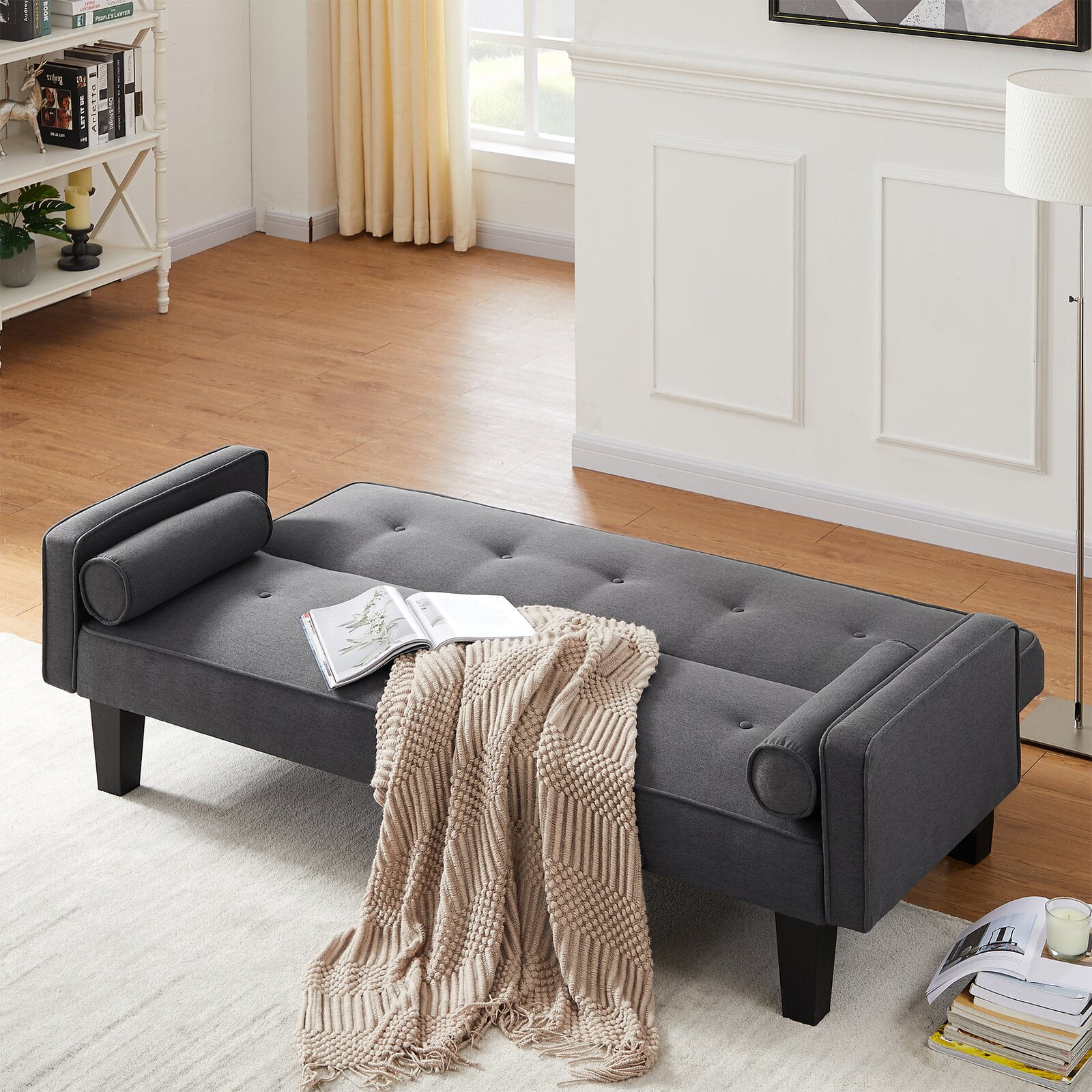 Bianlte Convertible Futon Sofa Bed,Upholstered Futon Couch Fabric Sleeper Sofa with Pillows for Living Room,Gray