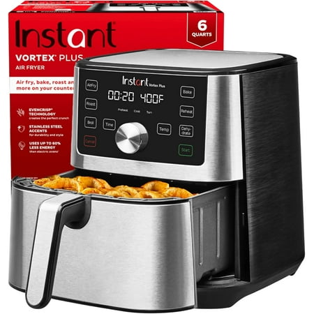 Vortex Plus 6QT XL Air Fryer, 6-in-1, Broils, Dehydrates, Crisps, Roasts, Reheats, Bakes for Quick Easy Meals, 100+ In-App Recipes, Dishwasher-Safe, from the Makers of Instant Pot, Black