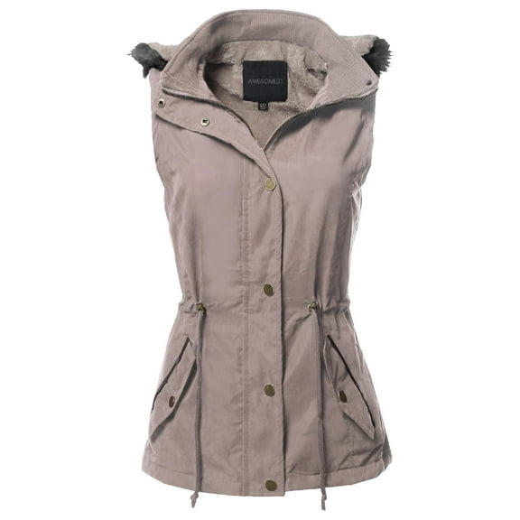 FashionOutfit Women's Casual Solid Drawstring Waist Anorak Vest with Detached Hoodie