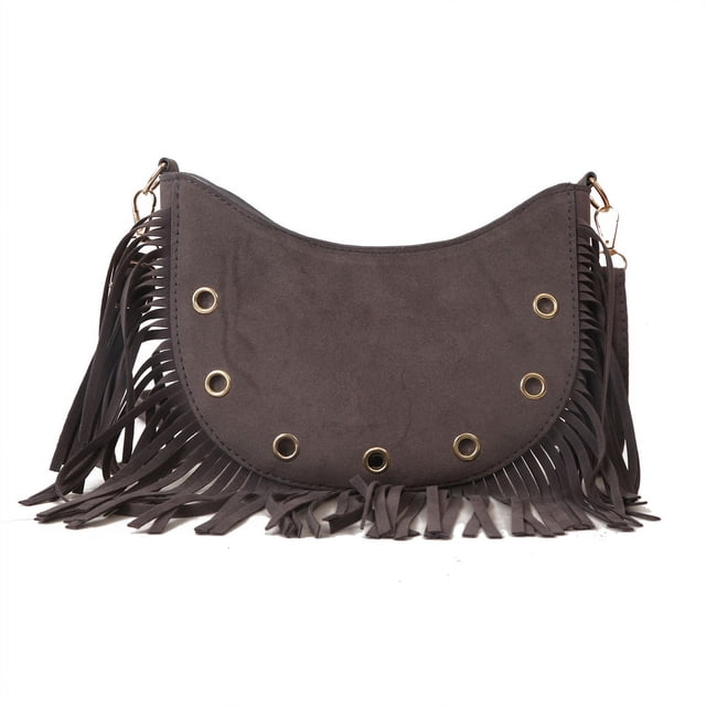 Bolso Bandolera Cuero Vintage Con Flecos Y para Mujer (gris)