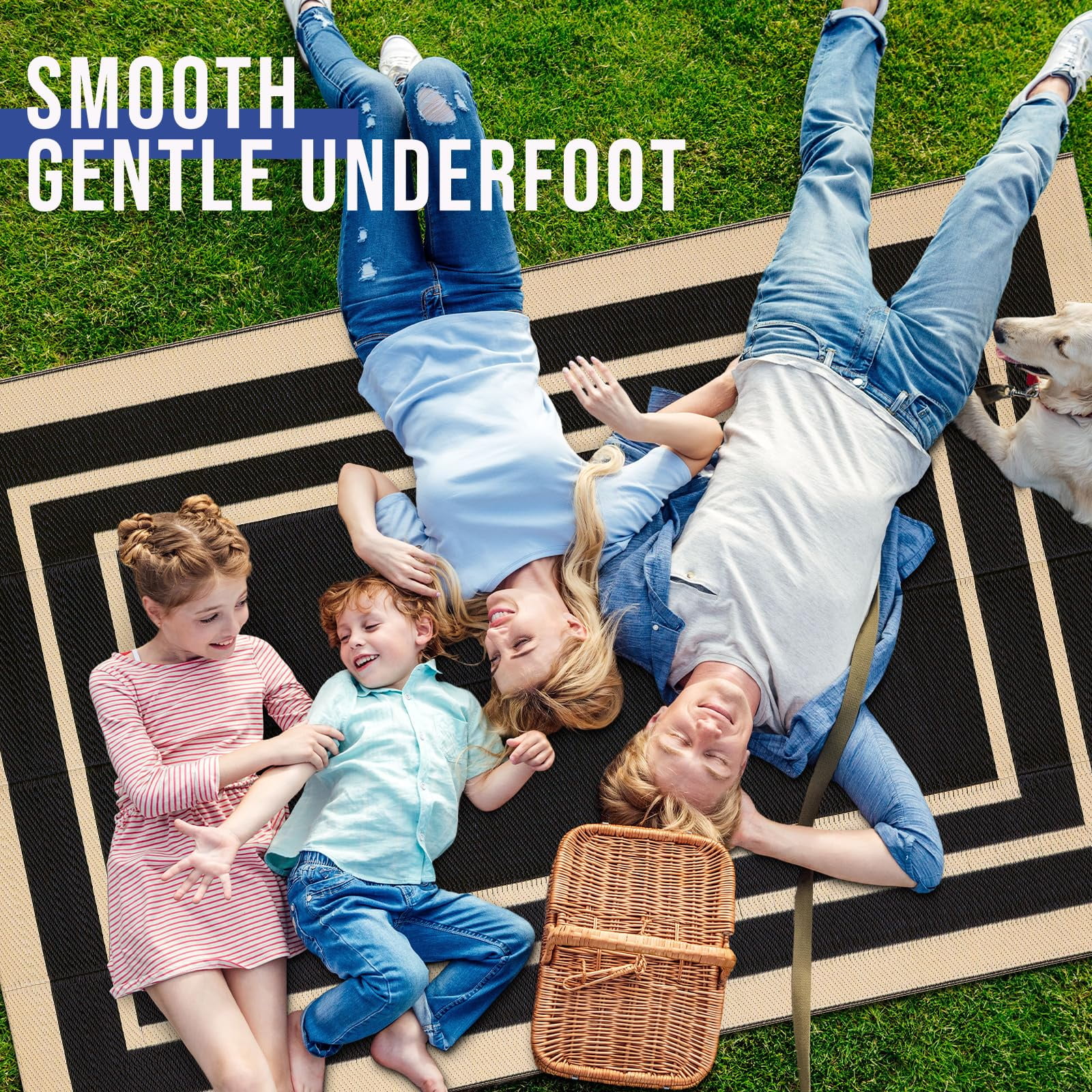 Smiry Outdoor Rugs 6x9, Waterproof Plastic Straw Indoor Outdoor Mat for Patio, RV Camping, Deck,Porch, Black & Beige