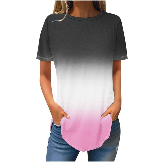 Timegard Womens Tops Summer Casual Gradient Color Crewneck Short Sleeve Comfy Loose Tee Top Blouse