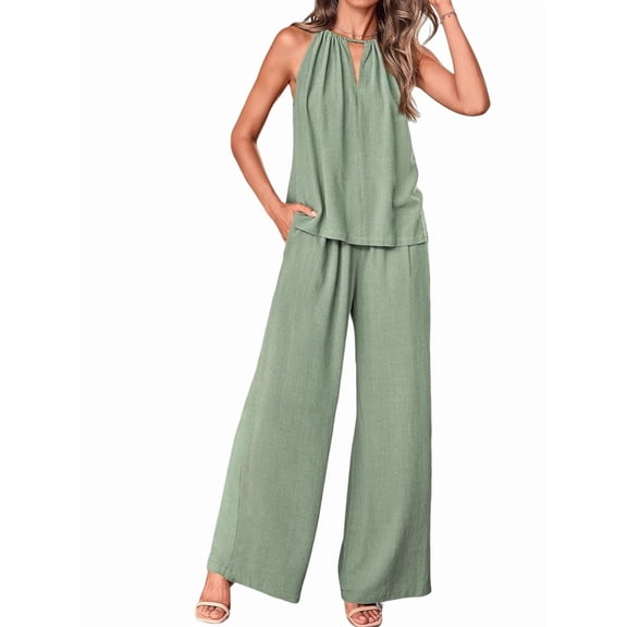 Women'S Hollow Out Halter Neck Sleeveless Top & Wide Leg Pants, Summer Casual Outfit Set Green S