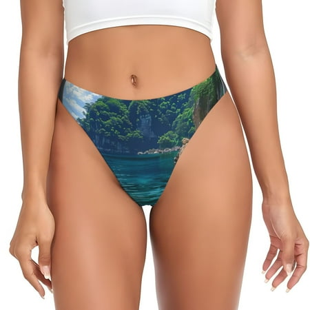 Qokaie Tropical Paradise Window View Printed Women s Cotton Thong Underwear  Sexy Breathable Panties G-string-3X-Large