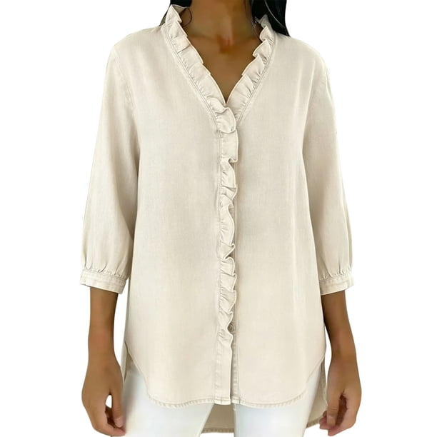 Tops de Verano de Mujer con Mangas Casual Faux Denim Cuello en V Ruffled Tres Cuartos de Manga Blusa, Ligero Y Cómodo para el Uso Diario