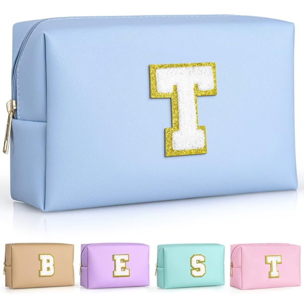 TOPEAST - Neceser de maquillaje para niñas, diseño de chenilla con iniciales y letras, con cremallera, de piel sintética, impermeable, regalo de cumpleaños para amigas y hermanas (T azul cielo)