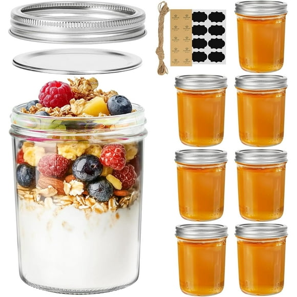 Wide Mouth Mason Jars 16oz - 8 Pack, Pint Mason Jars with Lids and Seal Bands, Glass Canning Jars for Pickling, Jam, Jelly, Honey, Salad, Desert, Shower Wedding Favors, DIY Candles Decor