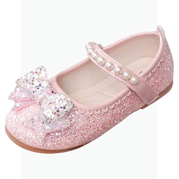 Gyujnb Toddler Girls Princess Glitter Flats Bow Pearl Rhinestone Adjustable Strap Wedding Party Performance Shoes, Closed Toe,7-7.5 Years