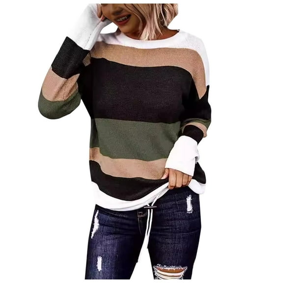 Sweater for Women Vintage Stripe Color Block Knitted Long Sleeve Shirts Casual Fall Clothes Outfits