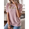 thumbnail image 4 of Slatcetga Women T Shirt Lace Trim Round Neck Short Puff Sleeve Pure Color Casual Lady Pullover Top for Spring Summer Pink M, 4 of 8