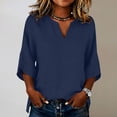 thumbnail image 2 of T Shirts For Women Blue Womens Tops Fashion Linen For Casual Solid Color V Neck 3/4 Sleeve Loose Blouses Summer Tops, 2 of 5