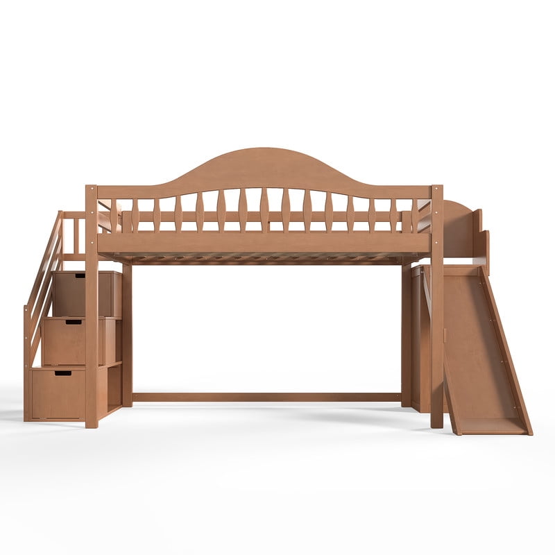 Full Size Kids/Teens Loft Bed with Storage Staircase, Slide & Wardrobe, Princess Bed Frame with Curved Guardrail