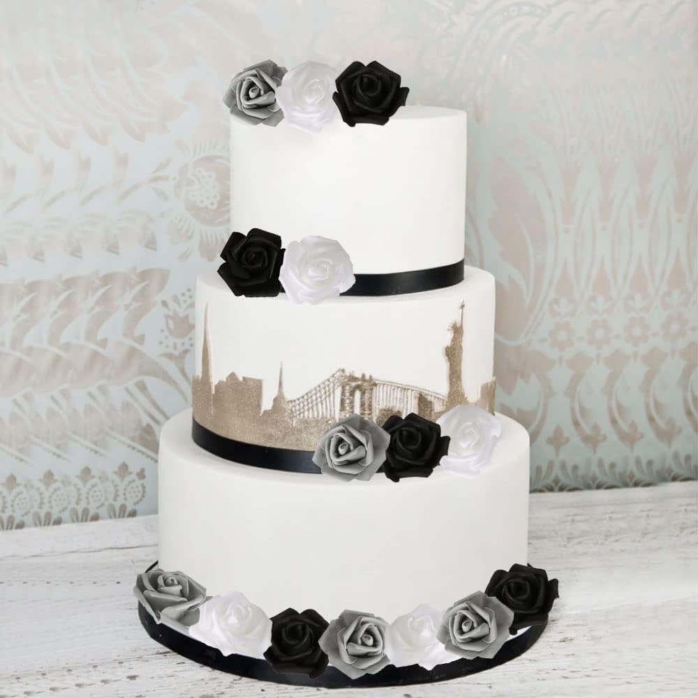 100pcs Black Roses Artificial Flowers,3inch White Foam Fake Rose Heads Stemless Gray Faux Flowers Bulk for DIY Crafts,Cake Wedding,Baby Shower Centerpieces Decor(Black,White,Gray)