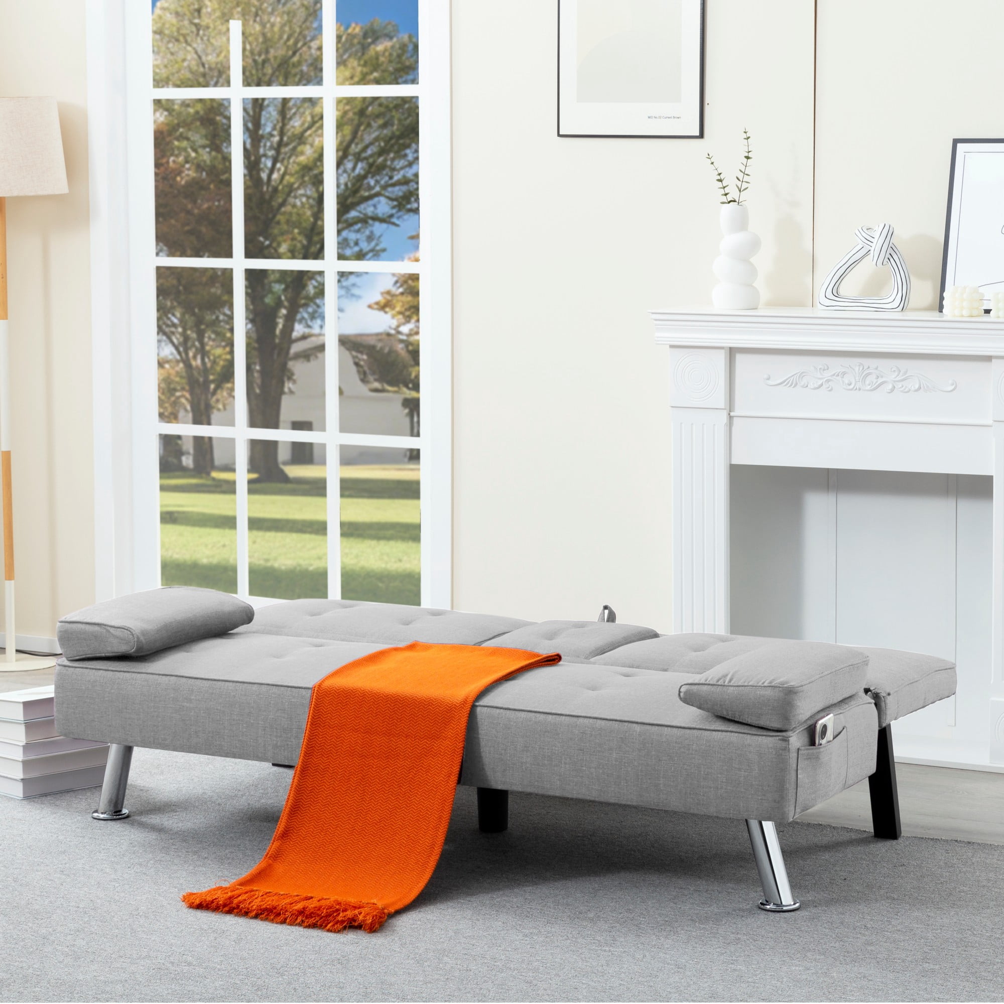 BSHTI 69.49" Fabric Convertible Futon Sofa Bed with Drop-Down Console, 2 Cup Holders, 5-Position Backrest, Side Pocket for Living Room（Light Gray）