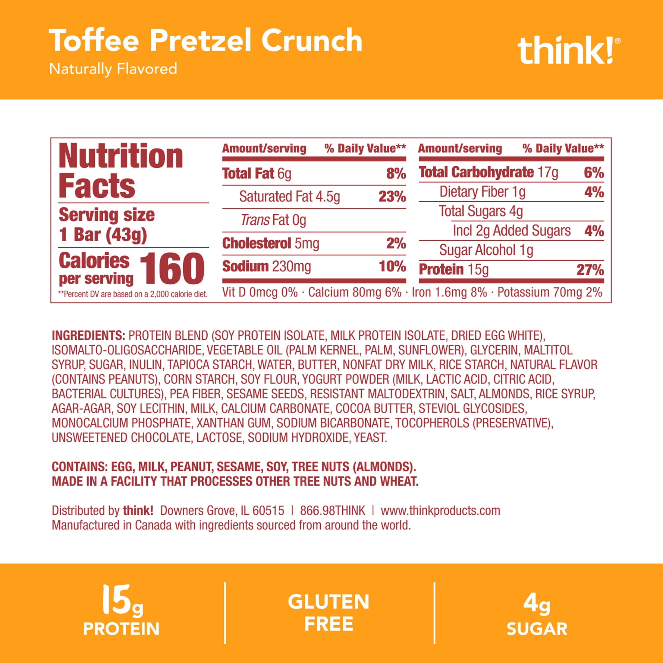 think! High Protein Crispy Squares, Toffee Pretzel Crunch, 4 Count