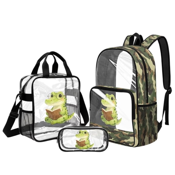 Xoenoiee Dinosaur Book Camo Print Large Clear Backpack for School Boys 3PCS See Through Backpacks with Lunch Bag and Pencil Case Set, Heavy Duty Transparent Bookbag for Kids
