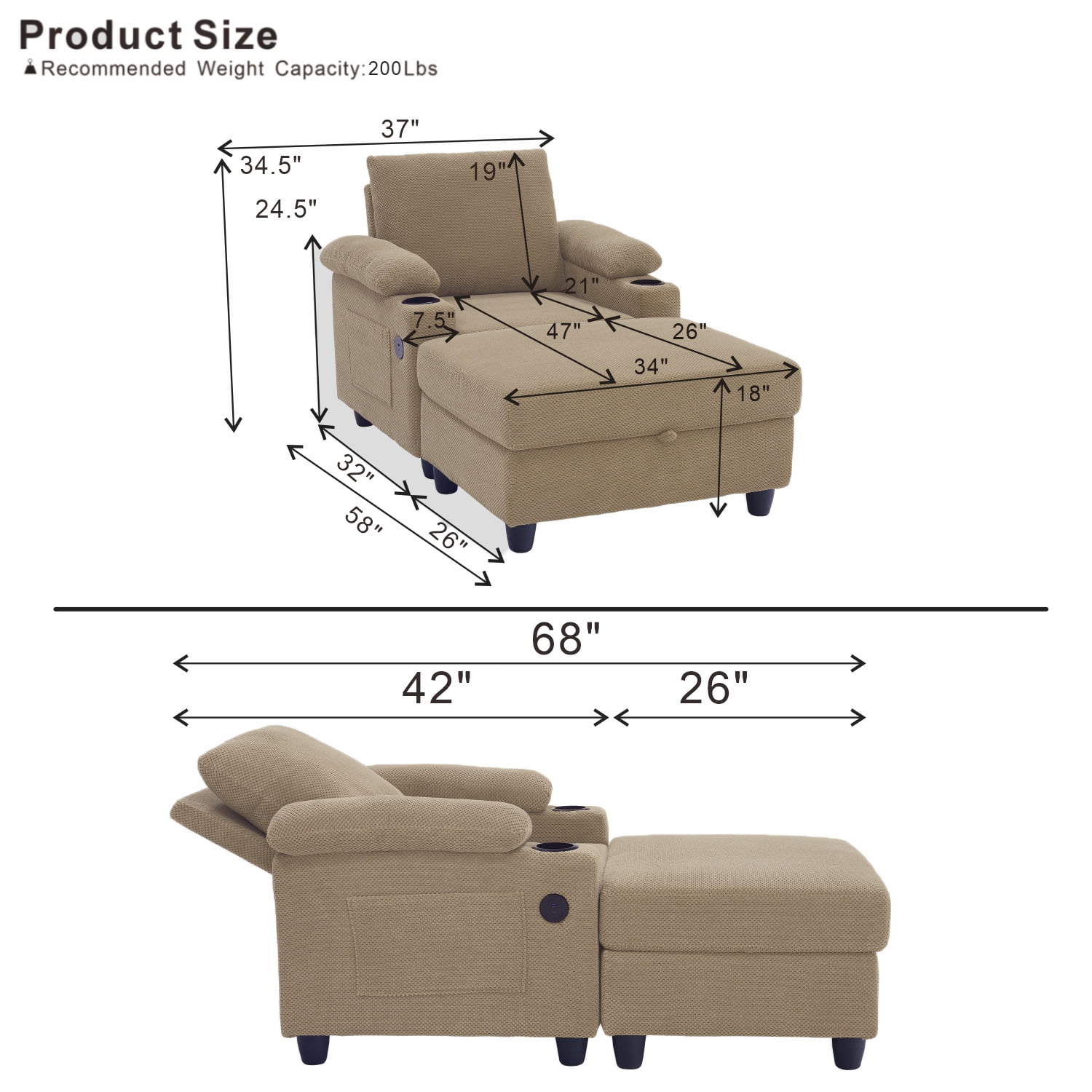 Garitin Accent Chair and Ottoman Set with Storage, Convertible Sleeper Chair with Reclining Backrest and USB Charging Port for Living Room, Camel