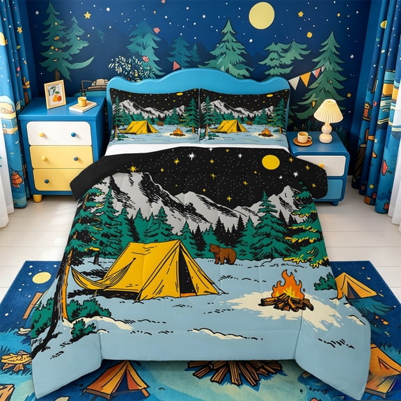 Catabedysis Starry Camping Full Size Comforter Sets,Bear Tent Print Bedding Comforter Set For Boys,Multicolor,Black Reversible,3pcs,1 Comforter and 2 Pillowcases