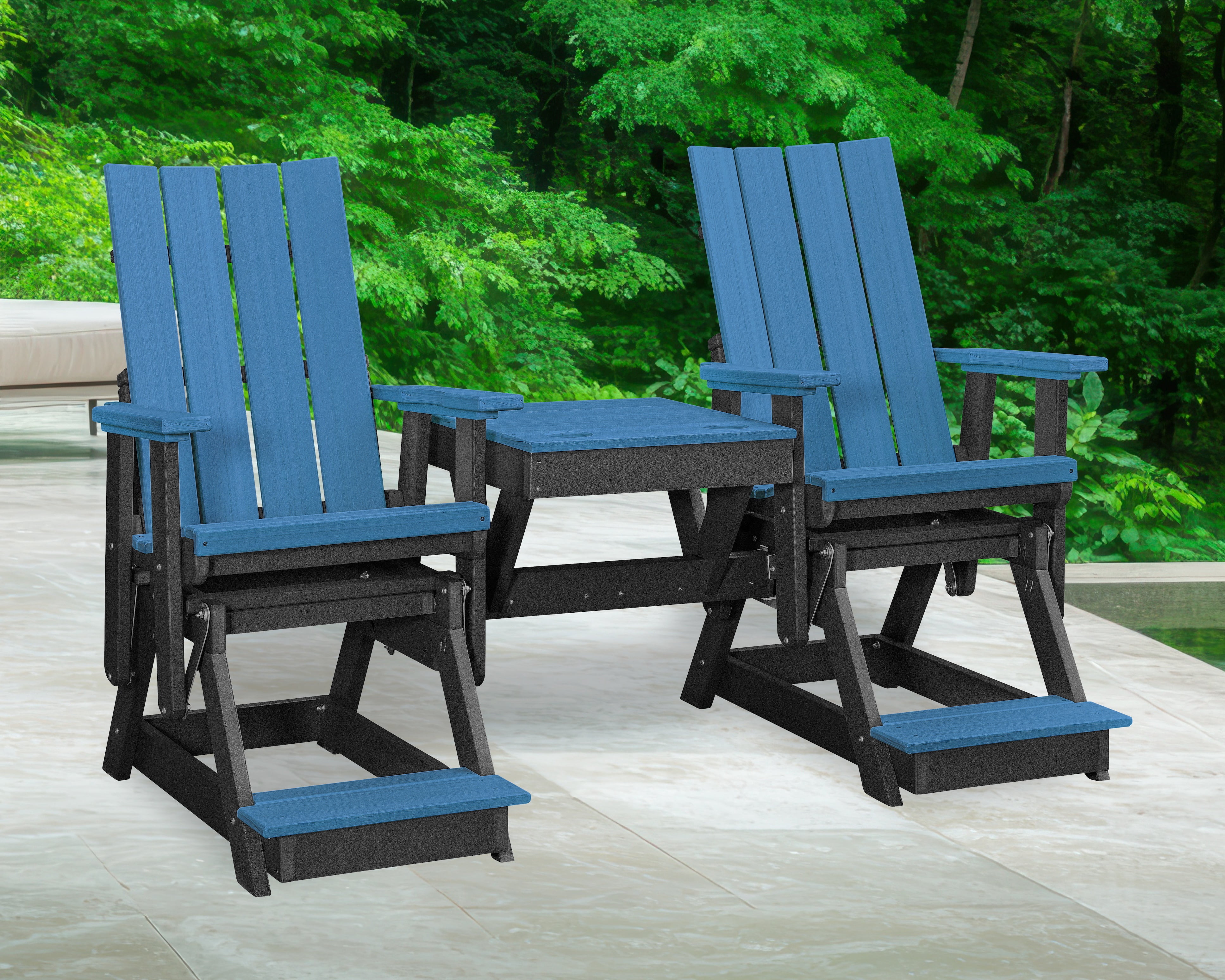 American Furniture Classics Model 416BBK-K Brandon Double Balcony Height Glider with Center Table in Blue on a Black Base
