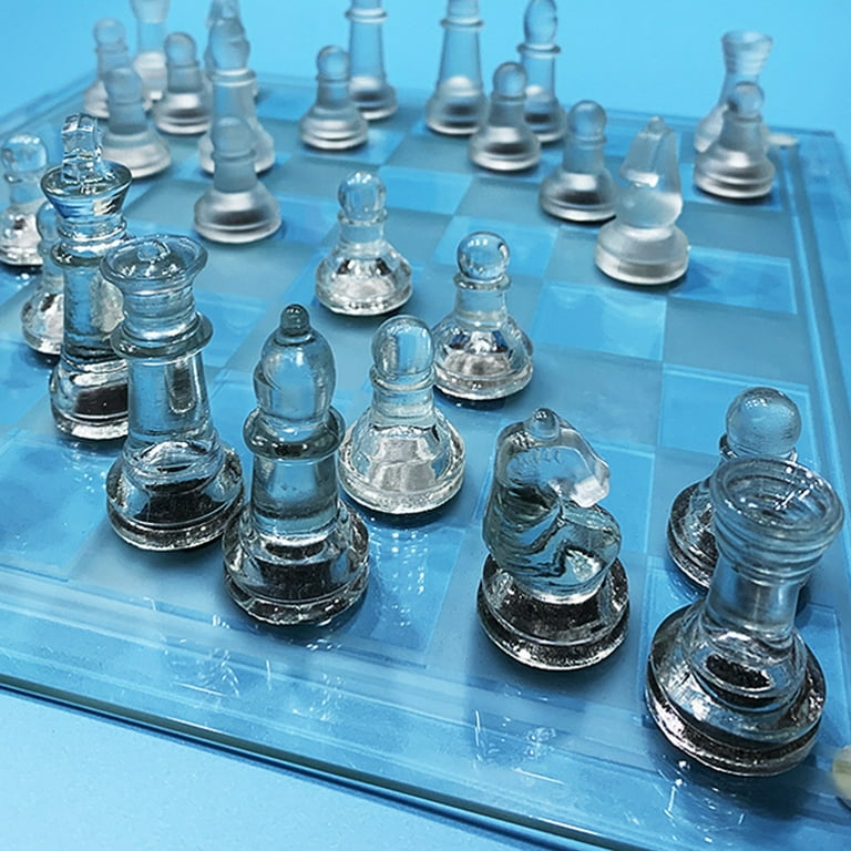 International Glass Chess Set 10 Inch Chess Board and 32 Clear Glass Pieces  Chess Game Gift for Kids Adults Beginners 
