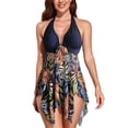 thumbnail image 1 of Traje de baño dividido Patrón de estampado elegante Cuello halter Dobladillo de malla irregular Sin espalda Traje de baño de dos piezas Conjunto de bikini Azul oscuro 3XL, 1 of 6