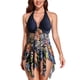thumbnail image 1 of Traje de baño dividido Patrón de estampado elegante Cuello halter Dobladillo de malla irregular Sin espalda Traje de baño de dos piezas Conjunto de bikini Azul oscuro 4XL, 1 of 6