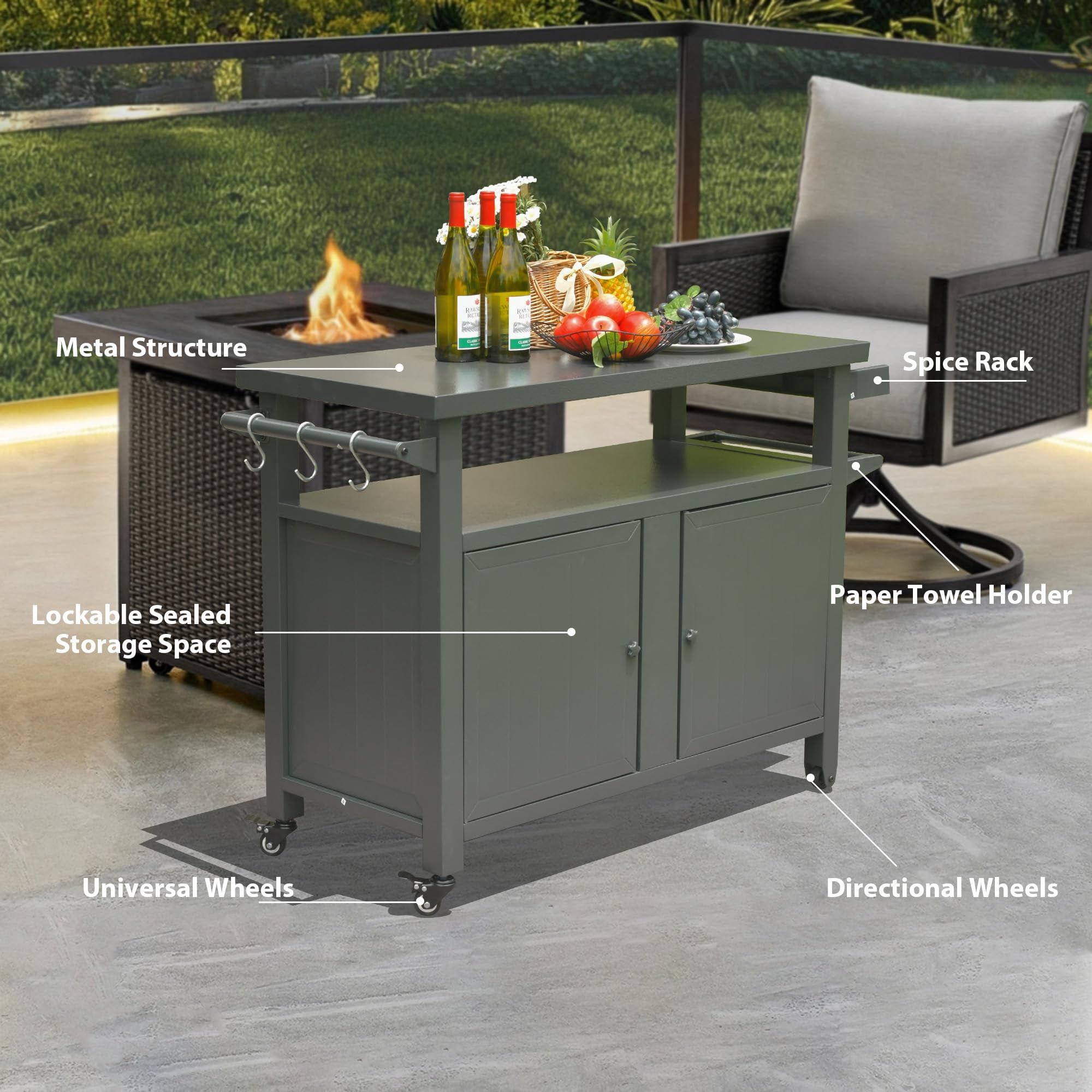 Grill Carts Outdoor Storage Cabinet with Wheels, Metal Outdoor Grill Table Kitchen Dining Table Cooking Prep BBQ Table for Patio, Kitchen Island, Home Party, Bar (Grey)