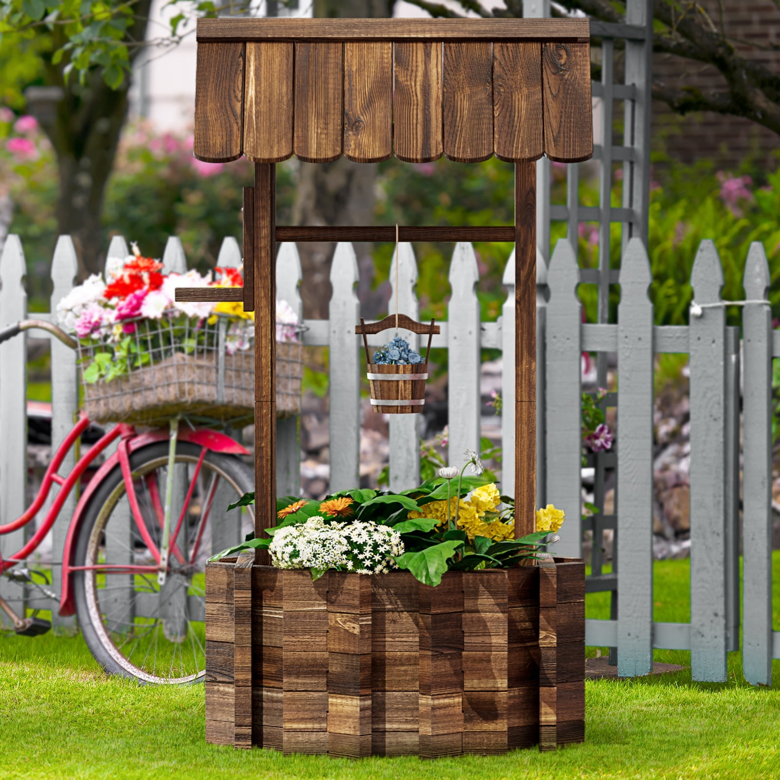 BaPiPro 25.5" Big Wishing Well Planter with Hanging Bucket for Flower and Plants, Brown, Wooden