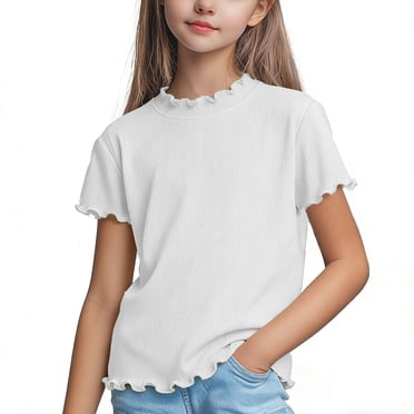 Soft Girls Short Sleeve Top | Ribbed Knit T-Shirt with Scalloped Trim for Kids Kids 2T-12 | Casual Everyday Tee (White),Size 3-4T