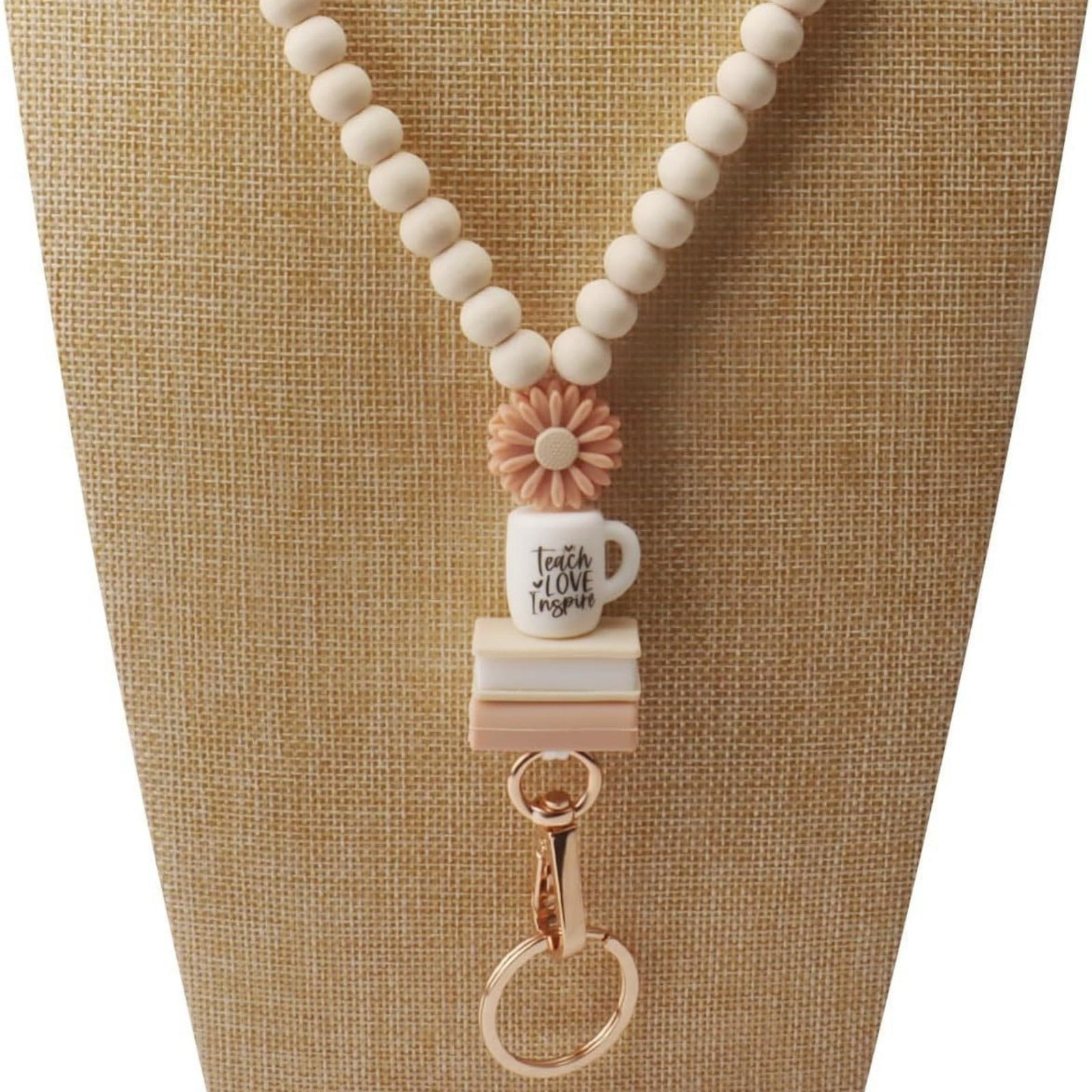 Teacher Beaded Lanyard With Book & Coffee Charms Bohemian Style Breakaway Lanyard For Id Badge And Key Holder(Khaki-22In)