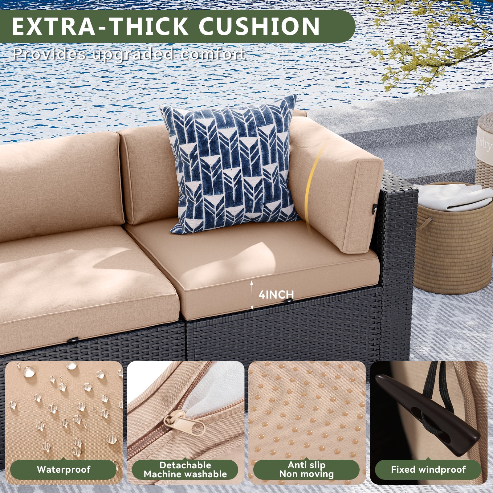 Aoxun 7 Piece Patio Furniture Set Wicker Rattan Patio Sectional Sofa Set Outdoor Seating Furniture with Thickened Cushion, Beige