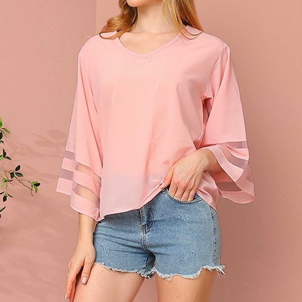 mfyjkho Tops Bohemios Para Mujer, Camisas Informales De Malla De Color Liso Para Mujer, Con Mangas Tres Cuartos Y Cuello En V Y Manga Corta Tops Para Hacer Ejercicio Para Mujer L