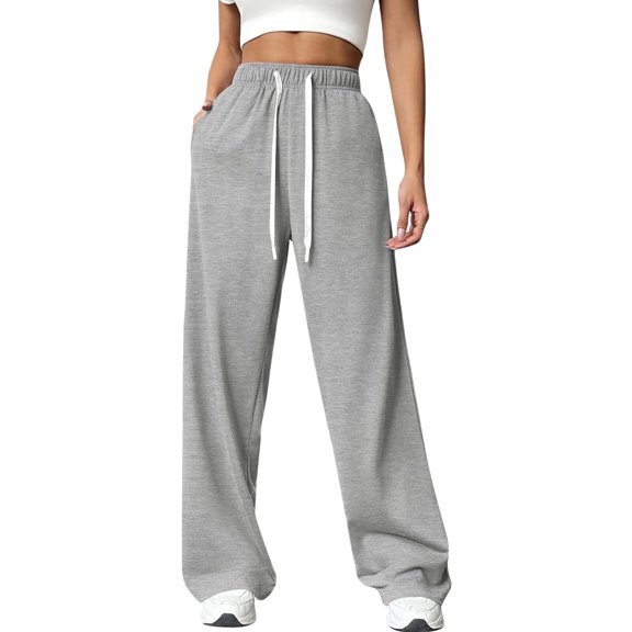 jinghuiyue Womens High Waist Wide Leg Sweatpants Elastic Drawstring Lounge Pants with Side Pockets M