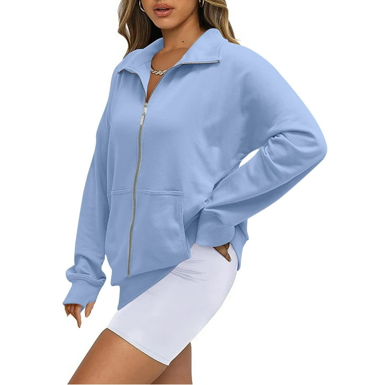 Sksloeg Womens Oversized Zip Up Sweater Jacket Casual Long Sleeve Coat  Track Sweater Jackets with Thumb Hole and Pockets,Blue XL 