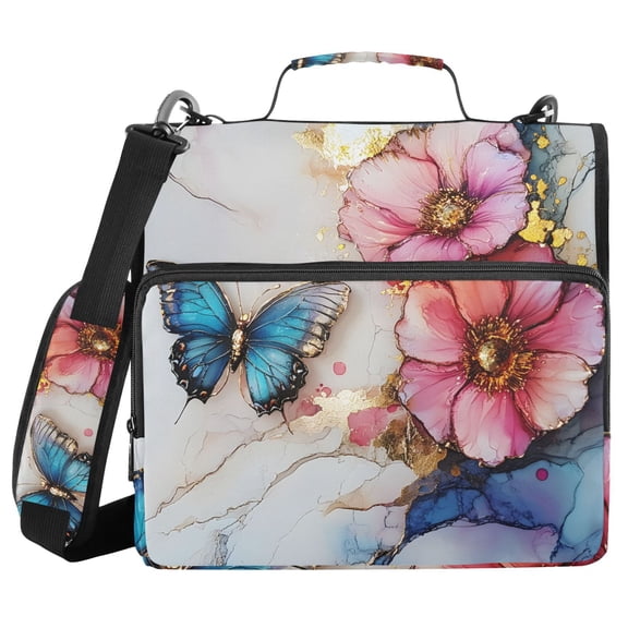 3 Ring Zipper Binder with Shoulder Strap Waterproof Trapper Keeper 2 Inch D-Ring 500 Sheets Capacity Flower Butterfly Marble