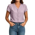 thumbnail image 6 of Tqcoqu Womens Cotton Linen Button Down Shirts,Casual Short Sleeve Solid Summer Blouses Tops with Pocket,Purple Women's M-XXXL, 6 of 7