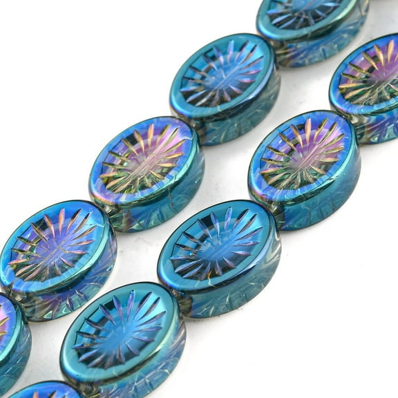 1Strand Electroplate Glass Beads Strands Half Rainbow Plated Oval with Flower Turquoise 14x10.4x4.8mm Hole: 1.2mm about 45pcs/strand 25.04 inch(63.6cm)