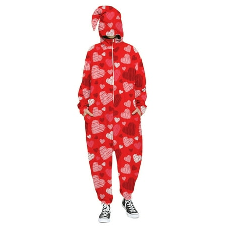 

Fsqjgq Men Overall Jumpsuit Men s and Women s Valentine s Day Love Print Hooded Pullover Zipper Pajamas Party Couple Set Mens Summer Rompers and Jumpsuits Polyester Spandex A S