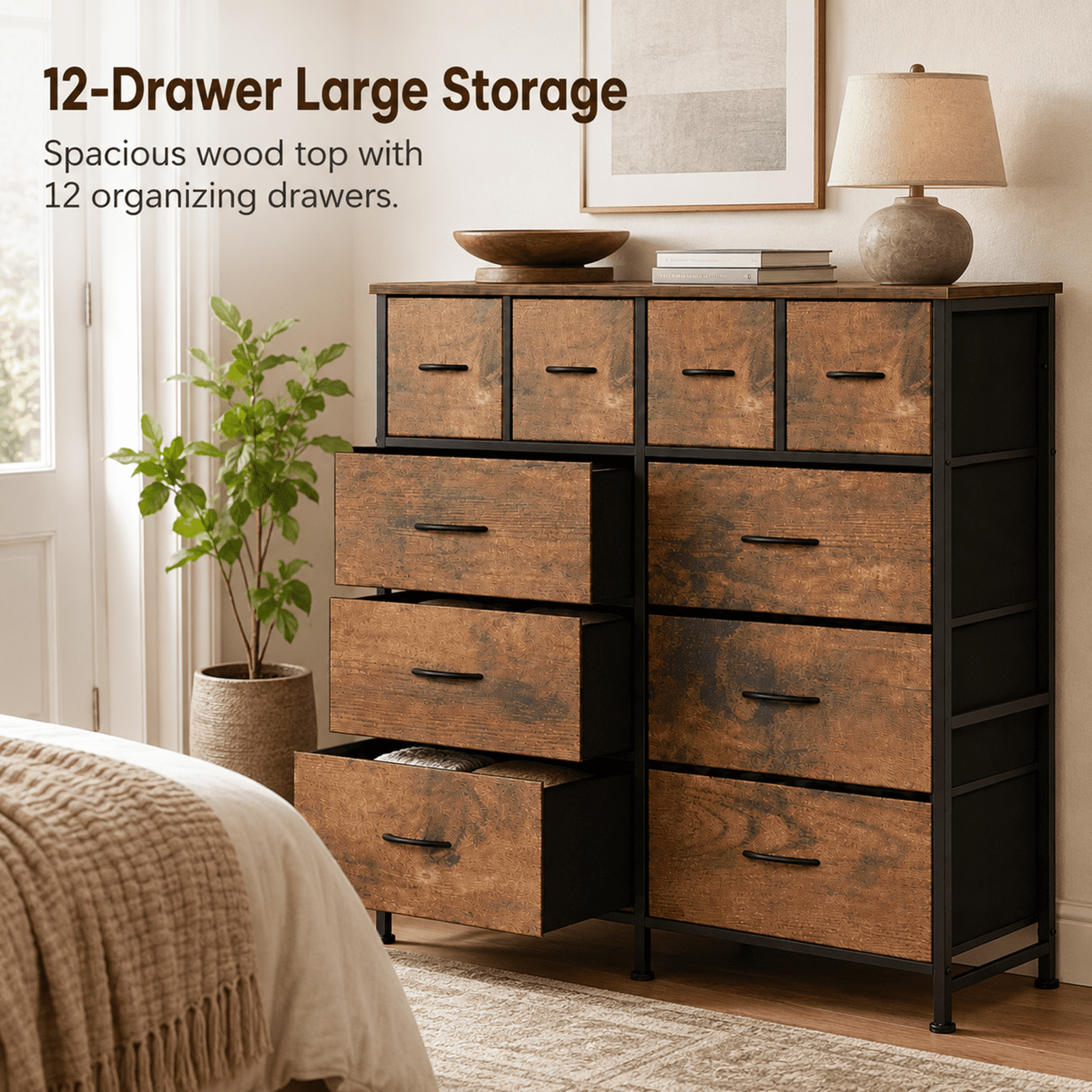 Alvantor 12-Drawer Dresser, Fabric Storage Tower for Bedroom, Hallway, Entryway, Closet, Tall Chest Organizer Unit with Fabric Bins, Steel Frame, Wood Top, Easy Pull Handle