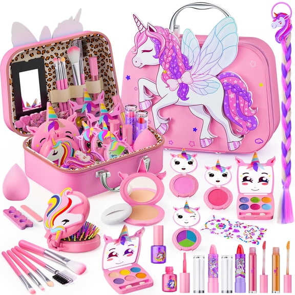 Kids Makeup Kit for Girl - 2-in-1 children's washable makeup toy and nail art set, with makeup storage box, a true girls' makeup set, an ideal toy unicorn makeup bag for girls aged 3-12