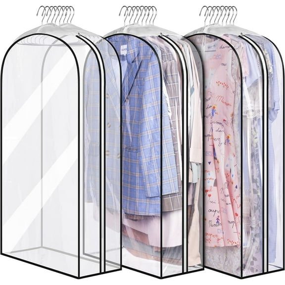 Carestrong 40" Travel Garment Bag with Accessories Zipper Pocket, Heavy Duty Suit Bag for Suits, Tuxedos, Dresses, Coats, Clear, 3 pack