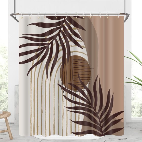 Mid Century Abstract Shower Curtain 72x72 Inch Boho Brown Leaves Modern Minimalist