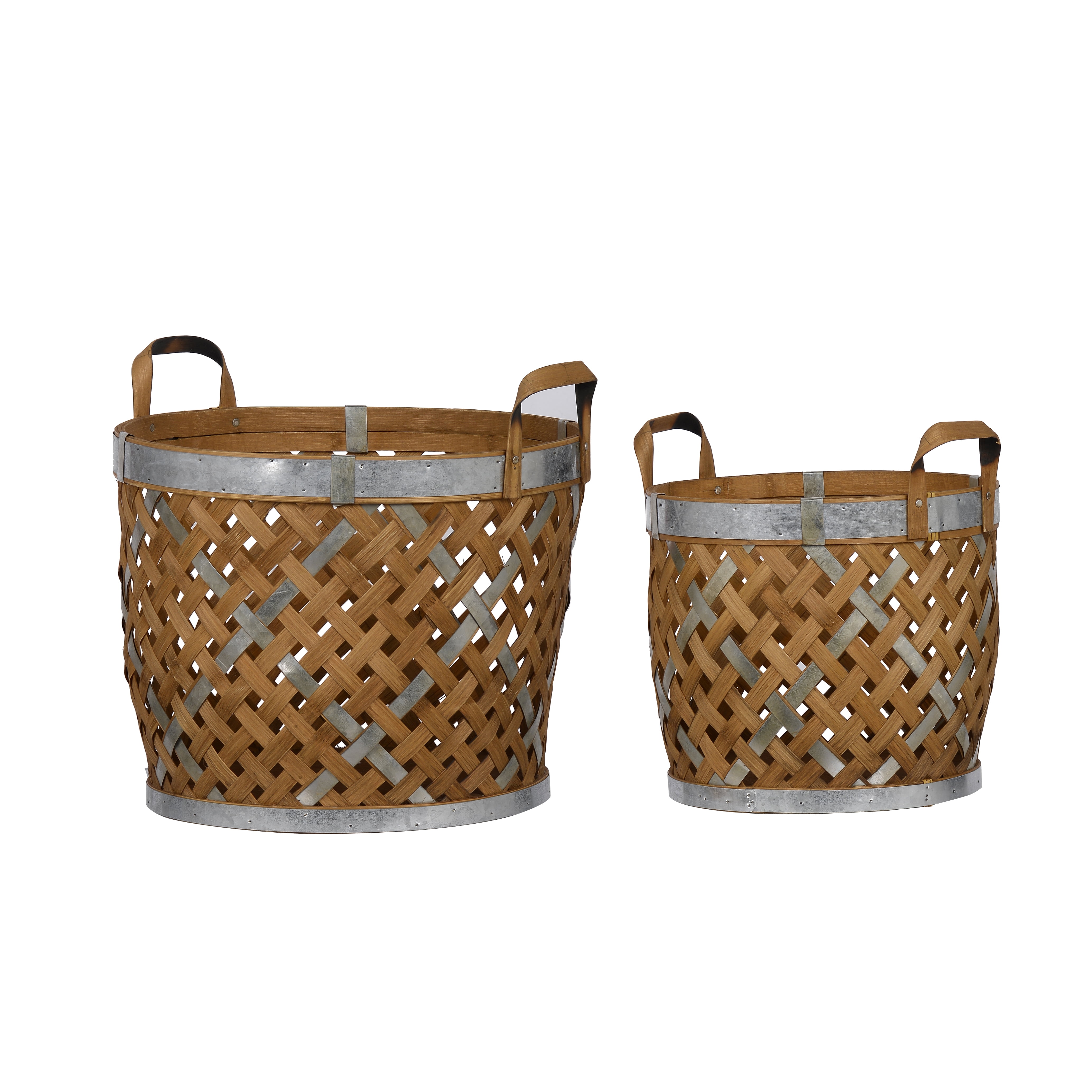 Wooden Round Woven Baskets Natural, Silver Set of Two