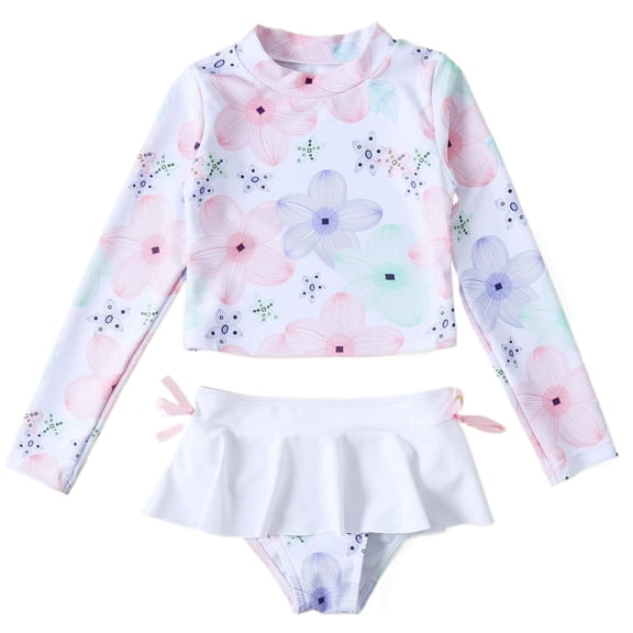 Likimi Kids Toddler Girls Two Piece Swimsuits Long Sleeve Cute Printed Crew Neck Tops With Swim Shorts Breathable Soft Swimwear For Swim Beach Light Pink Size 11-12 Years