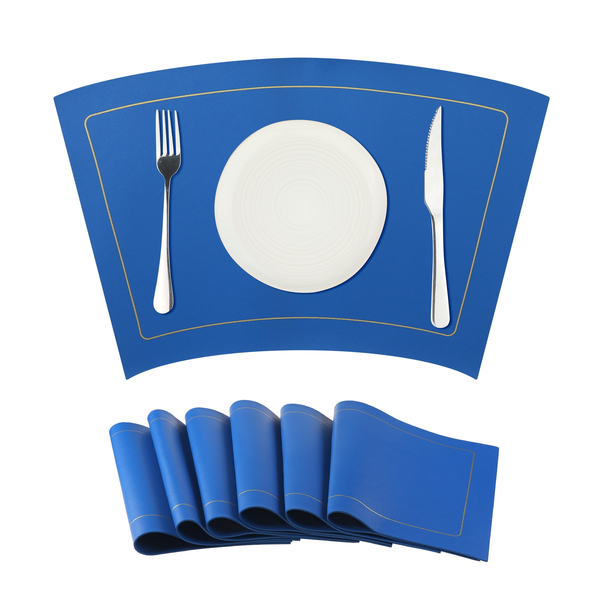 Unique Bargains Set of 6 Wedge Faux Leather Heat Resistant Wipe Clean Round Table Mats Blue