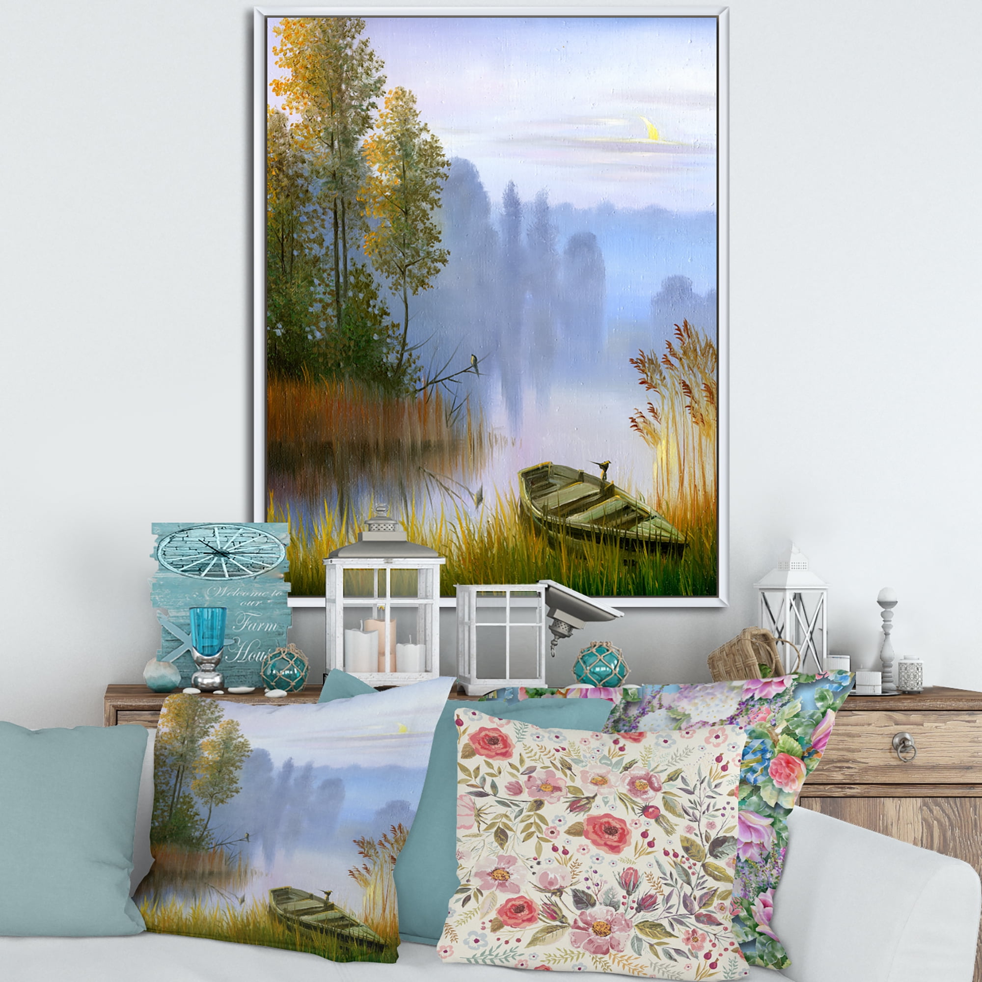The Bank Of The Lake With The Boat 12 in x 20 in Framed Painting Canvas Art Print, by Designart