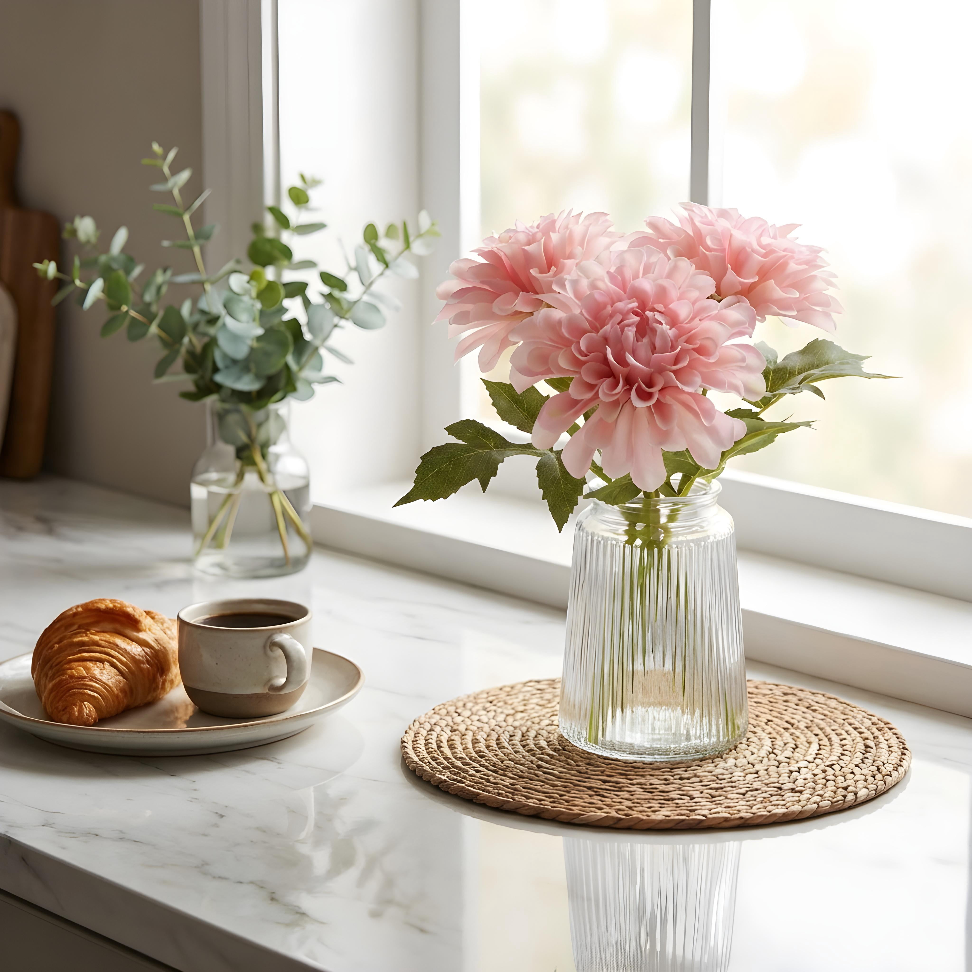 9.5" H Mainstays Faux Pink Dahlia Tabeltop Floral Arrangement in Glass Vase - 1 lb