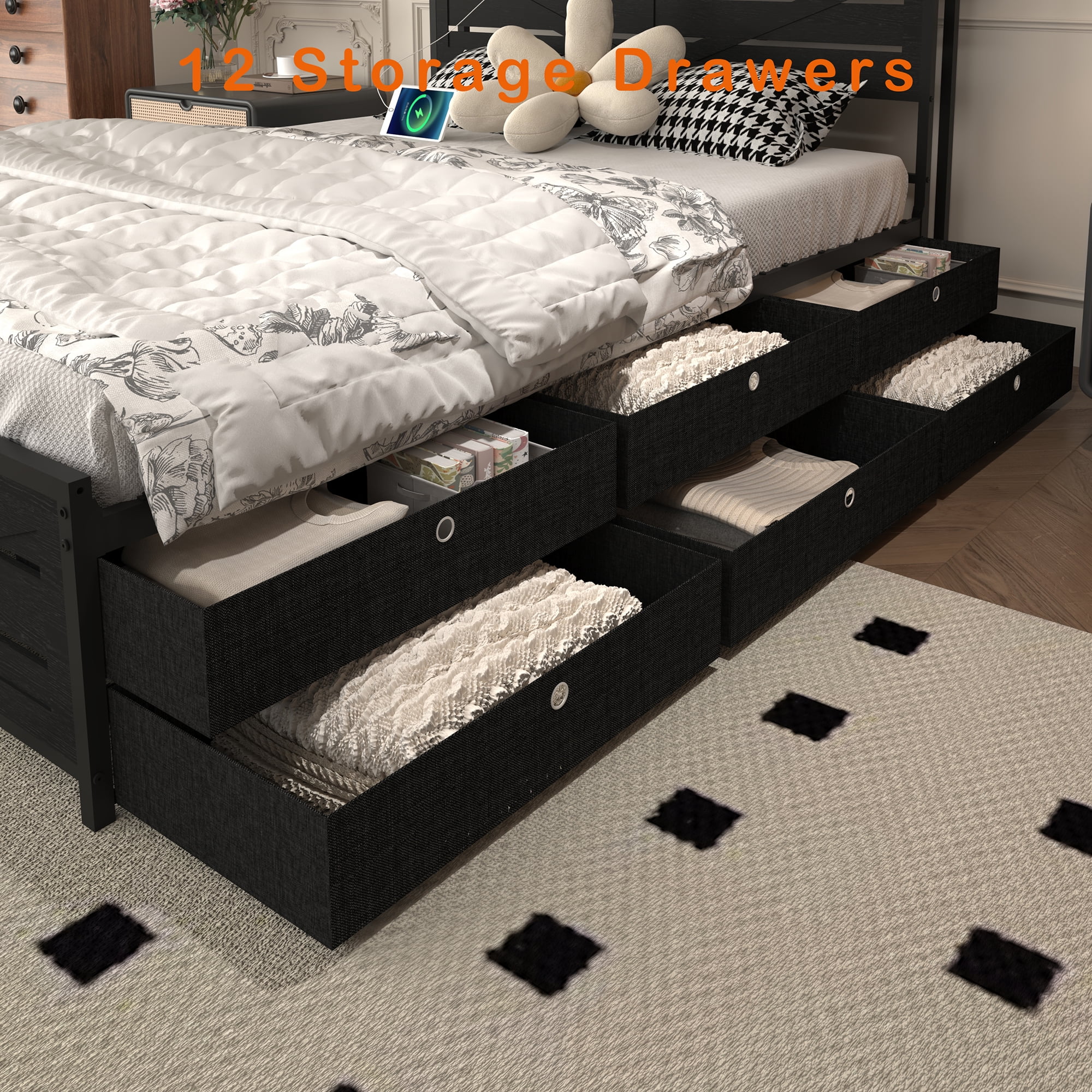 Miniyam Full Size Metal Bed Frame with Storage Drawers, Headboard with Charging Station & LED Lights, Noise-Free Platform Bed, Black