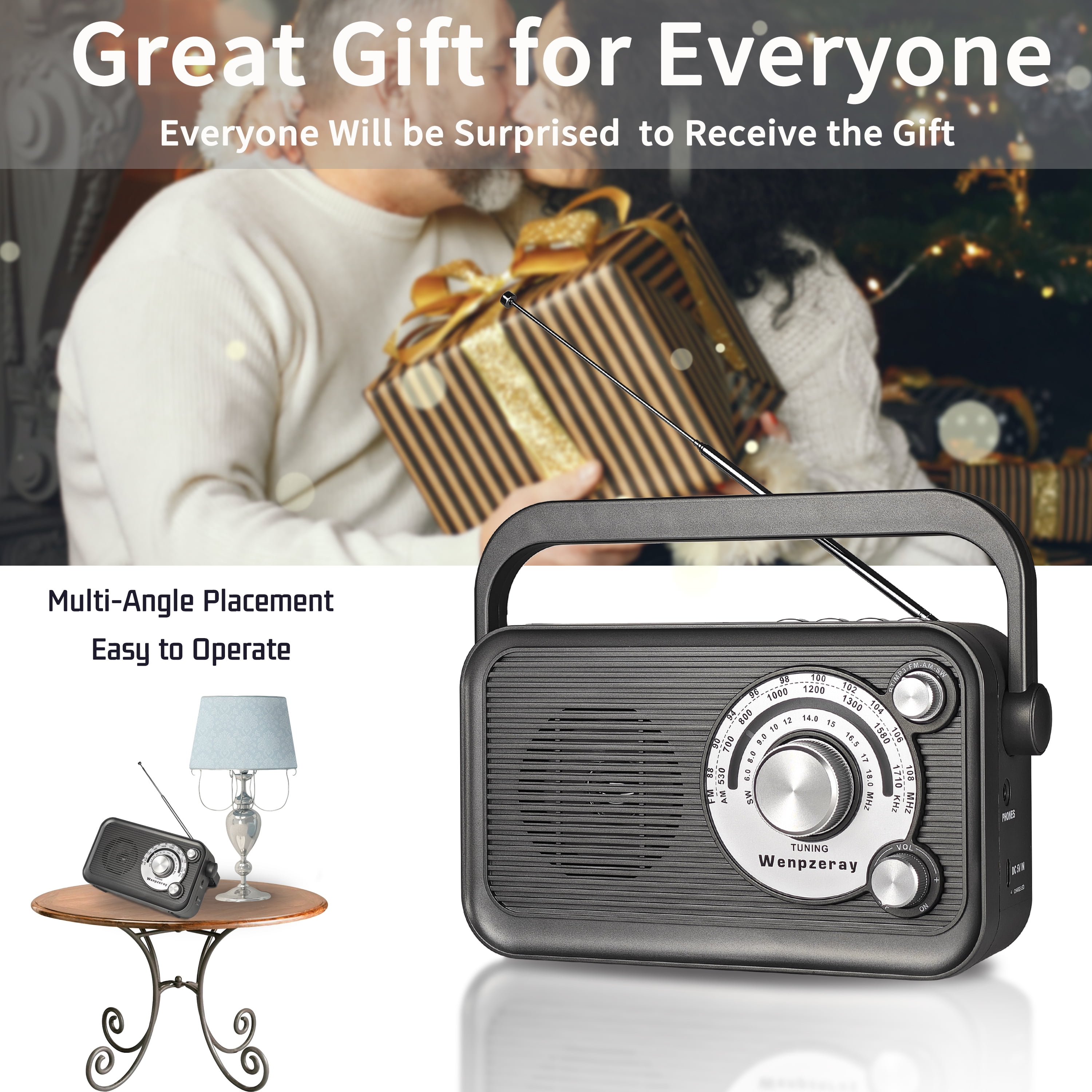 Retro Portable AM FM Shortwave Radio, Easy Tuning Big Knob Bluetooth Speaker Type-C Charging Wenpzeray D218(Grey)