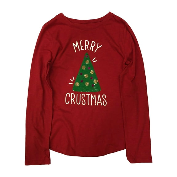 Girls Red Flip Sequin Merry Crustmas Pizza Christmas Tree Tee Shirt XL 14-16